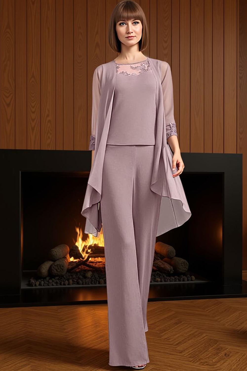 Dreamyannie Navy Boat Neck Chiffon 3 Piece Mother Of The Bride Pant Suits With Jacket