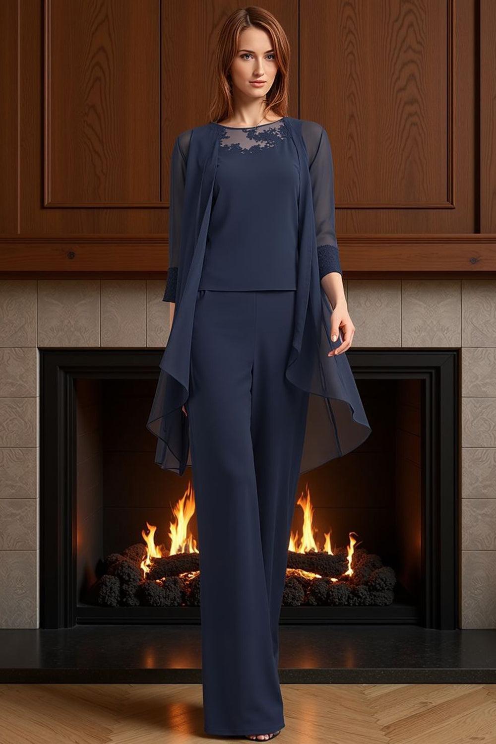Dreamyannie Navy Boat Neck Chiffon 3 Piece Mother Of The Bride Pant Suits With Jacket