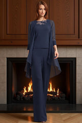 Dreamyannie Navy Boat Neck Chiffon 3 Piece Mother Of The Bride Pant Suits With Jacket