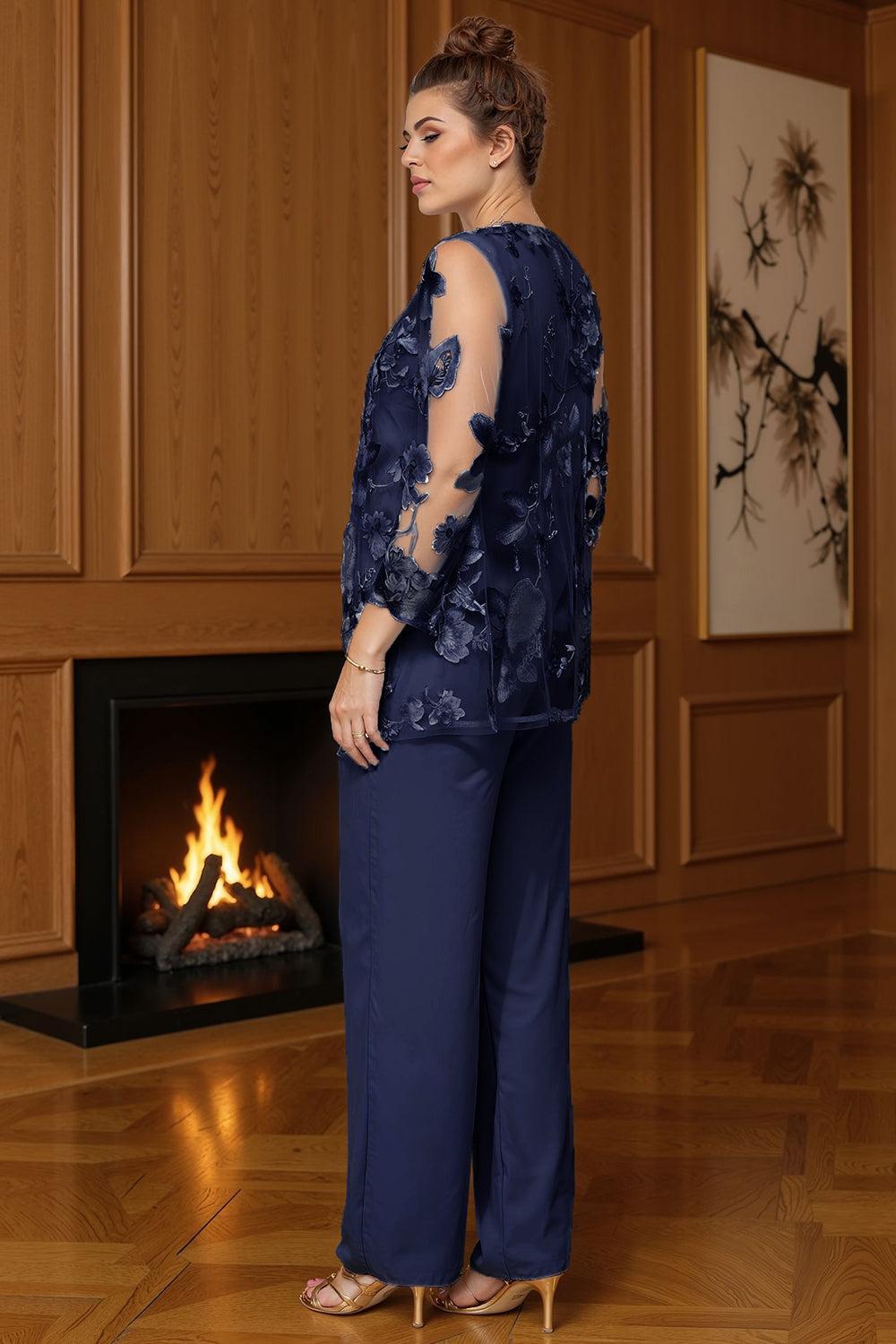 Dreamyannie Navy Boat Neck Floral 3 Piece Mother Of The Bride Pant Suits With Jacket