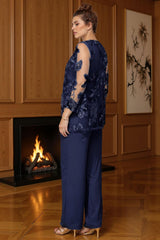 Dreamyannie Navy Boat Neck Floral 3 Piece Mother Of The Bride Pant Suits With Jacket