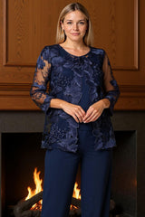 Dreamyannie Navy Boat Neck Floral 3 Piece Mother Of The Bride Pant Suits With Jacket