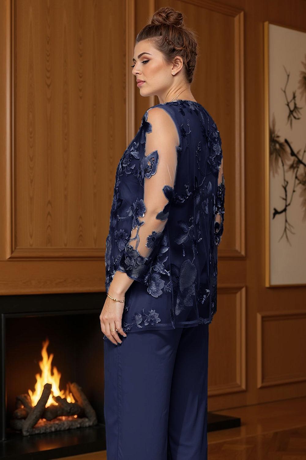 Dreamyannie Navy Boat Neck Floral 3 Piece Mother Of The Bride Pant Suits With Jacket