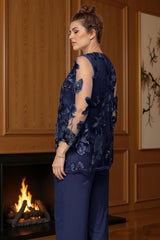 Dreamyannie Navy Boat Neck Floral 3 Piece Mother Of The Bride Pant Suits With Jacket
