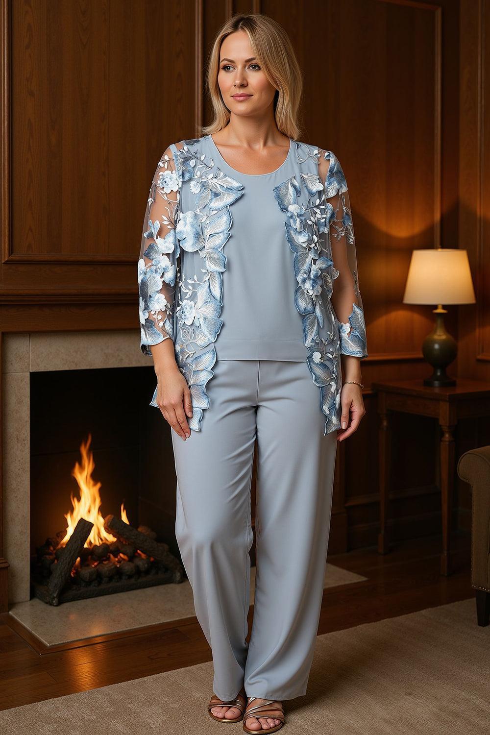 Dreamyannie Navy Boat Neck Floral 3 Piece Mother Of The Bride Pant Suits With Jacket