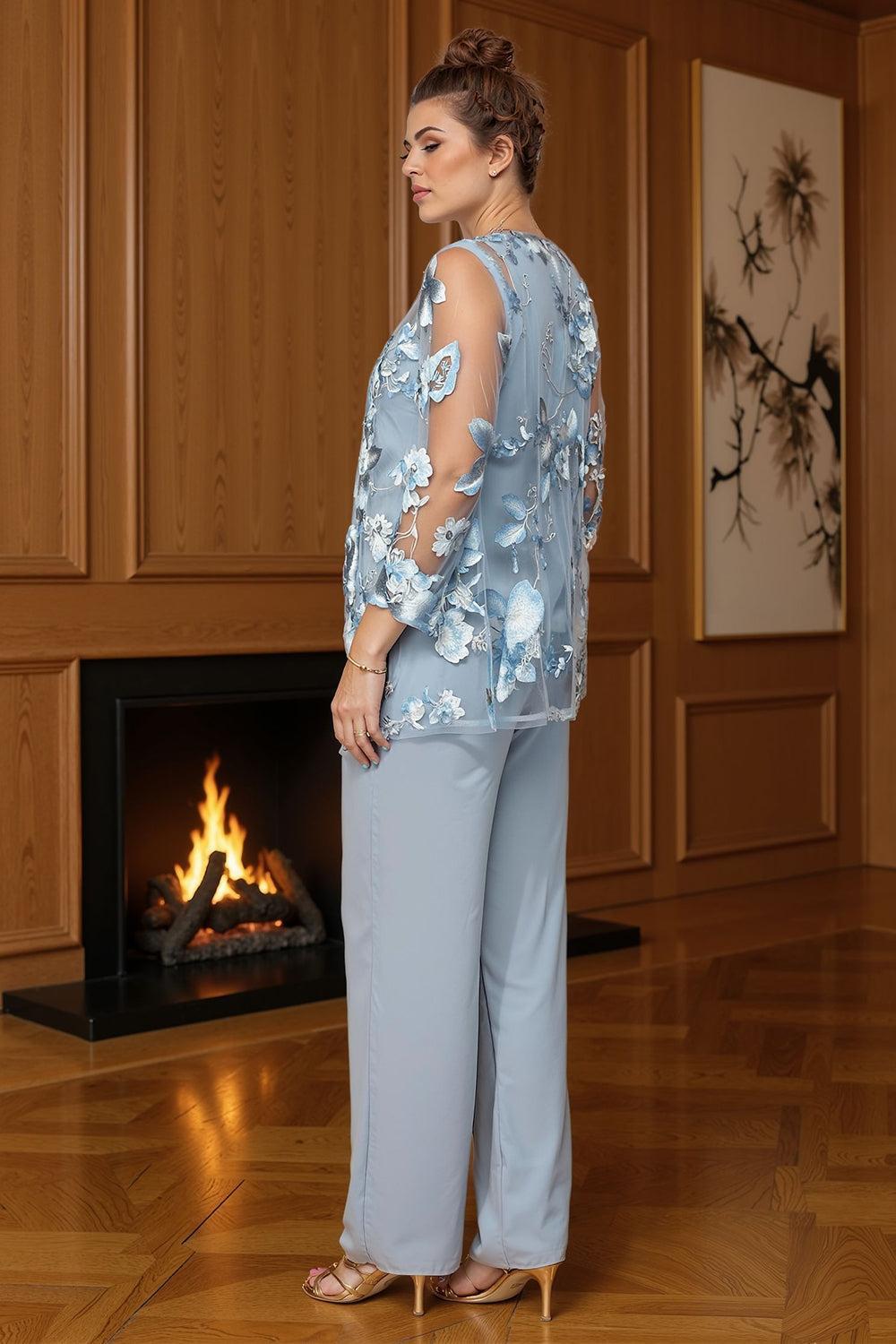 Dreamyannie Navy Boat Neck Floral 3 Piece Mother Of The Bride Pant Suits With Jacket