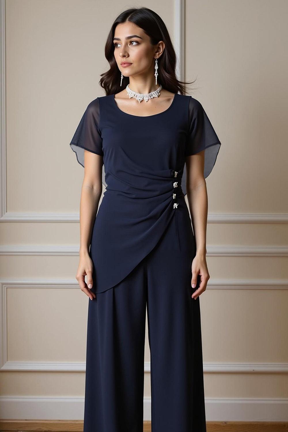 Dreamyannie Navy Chiffon Boat Neck 2 Piece Mother Of The Bride Pant Suits With Sleeves