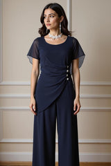 Dreamyannie Navy Chiffon Boat Neck 2 Piece Mother Of The Bride Pant Suits With Sleeves