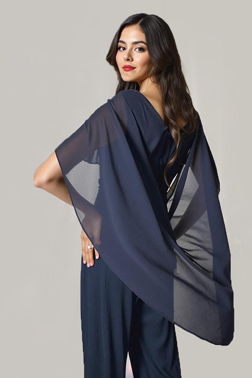 Dreamyannie Navy Chiffon Boat Neck 2 Piece Mother Of The Bride Pant Suits With Sleeves