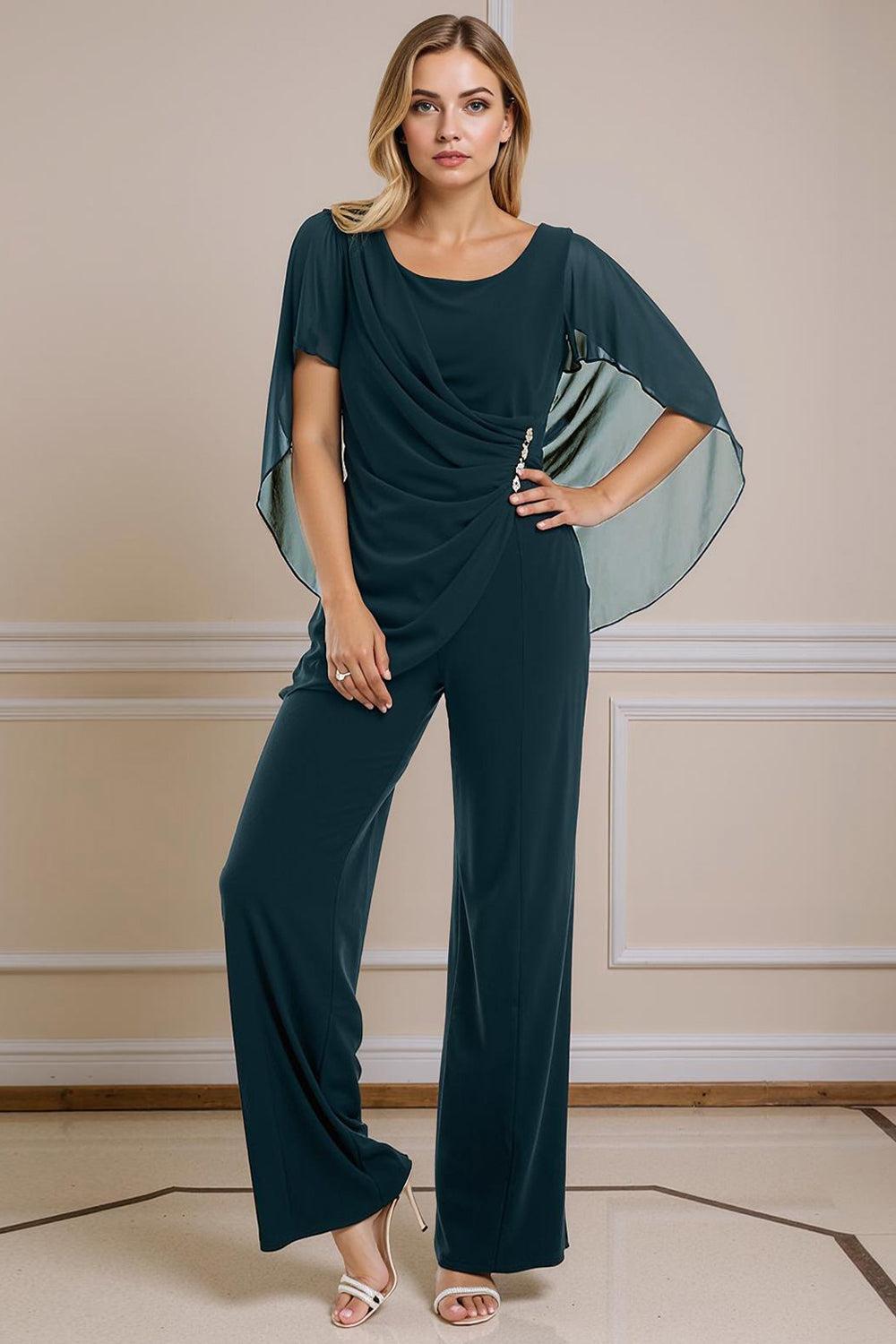 Dreamyannie Navy Chiffon Boat Neck 2 Piece Mother Of The Bride Pant Suits With Sleeves