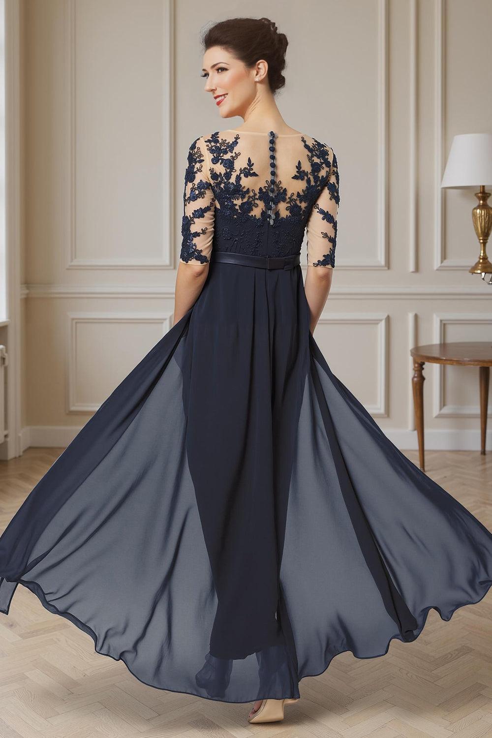 Dreamyannie Navy Chiffon Boat Neck Ankle Length Mother Of The Bride Jumpsuits With Cape