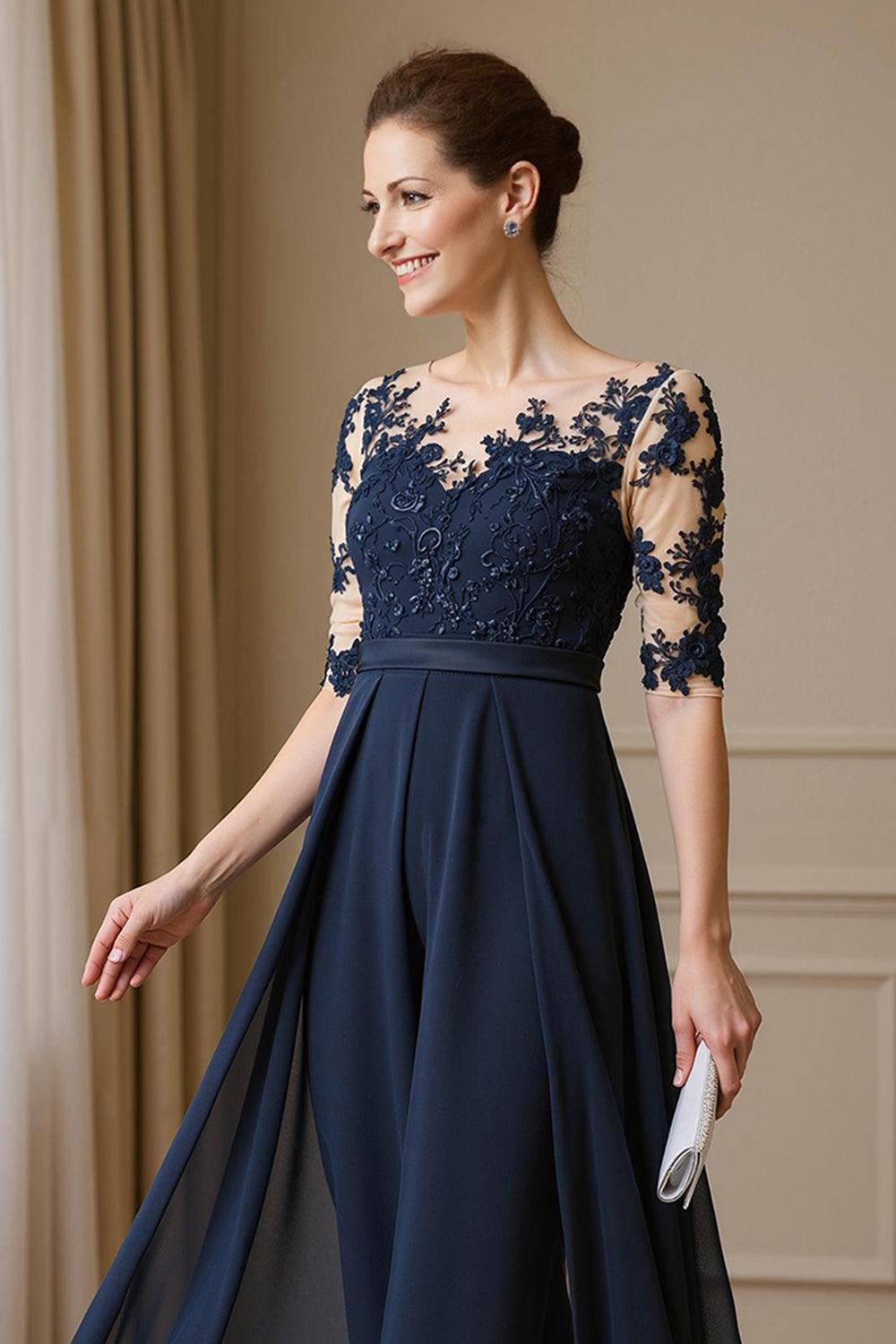 Dreamyannie Navy Chiffon Boat Neck Ankle Length Mother Of The Bride Jumpsuits With Cape