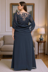 Dreamyannie Navy Draped Sheath Floor Length Mother Of The Bride Dress With Beading