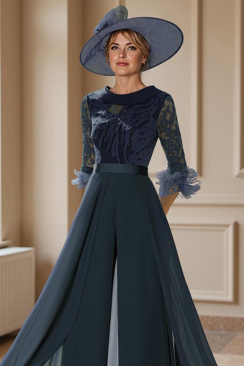 Dreamyannie Navy Feathered Boat Neck Floor Length Mother Of The Bride Jumpsuits With Cape