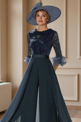 Dreamyannie Navy Feathered Boat Neck Floor Length Mother Of The Bride Jumpsuits With Cape
