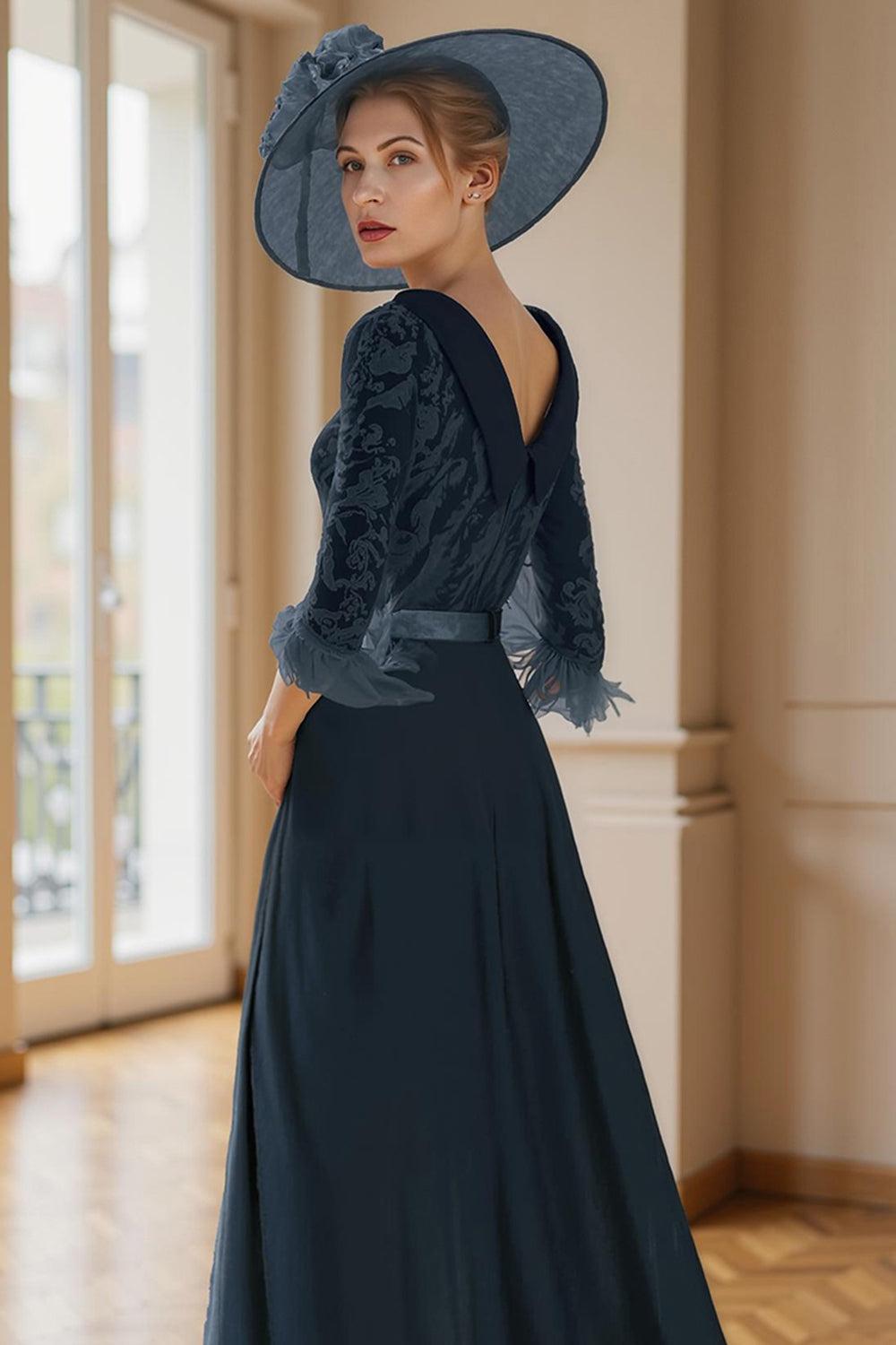 Dreamyannie Navy Feathered Boat Neck Floor Length Mother Of The Bride Jumpsuits With Cape
