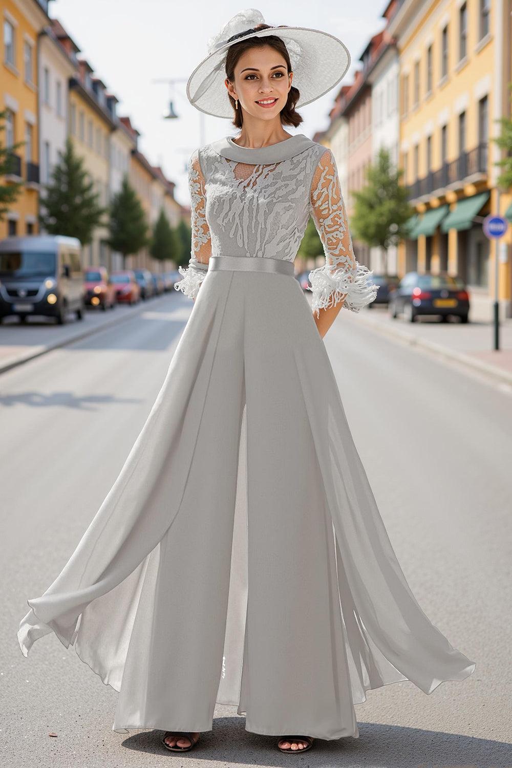 Dreamyannie Navy Feathered Boat Neck Floor Length Mother Of The Bride Jumpsuits With Cape