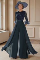 Dreamyannie Navy Feathered Boat Neck Floor Length Mother Of The Bride Jumpsuits With Cape