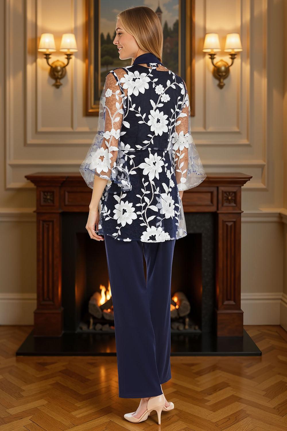 Dreamyannie Navy Floral 3 Piece Scoop Neck Mother Of The Bride Pant Suits With Jacket