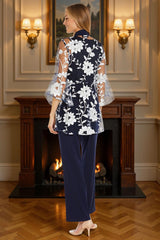 Dreamyannie Navy Floral 3 Piece Scoop Neck Mother Of The Bride Pant Suits With Jacket