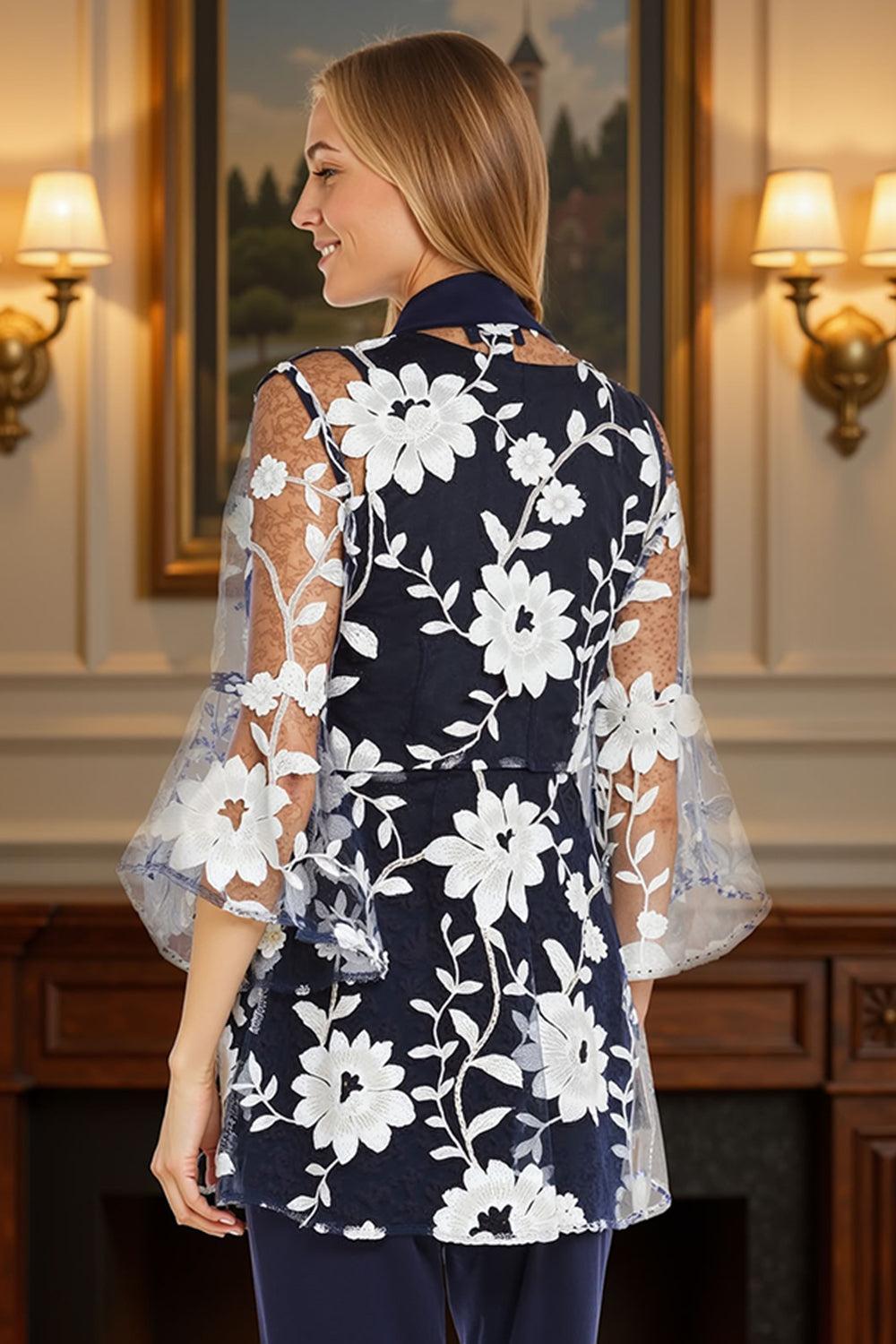 Dreamyannie Navy Floral 3 Piece Scoop Neck Mother Of The Bride Pant Suits With Jacket