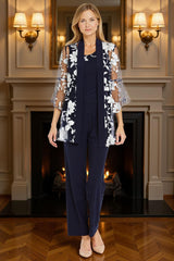 Dreamyannie Navy Floral 3 Piece Scoop Neck Mother Of The Bride Pant Suits With Jacket