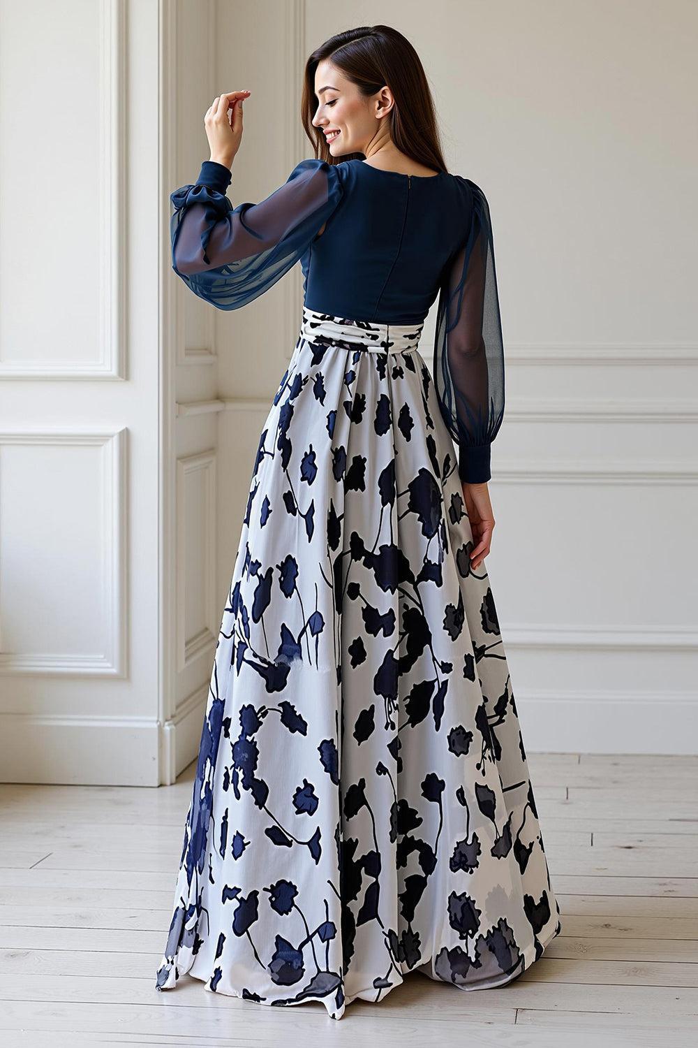 Dreamyannie Navy Flower Chiffon A Line Floor Length Plus Size Mother Of The Bride Dress With Sleeves