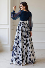 Dreamyannie Navy Flower Chiffon A Line Floor Length Plus Size Mother Of The Bride Dress With Sleeves