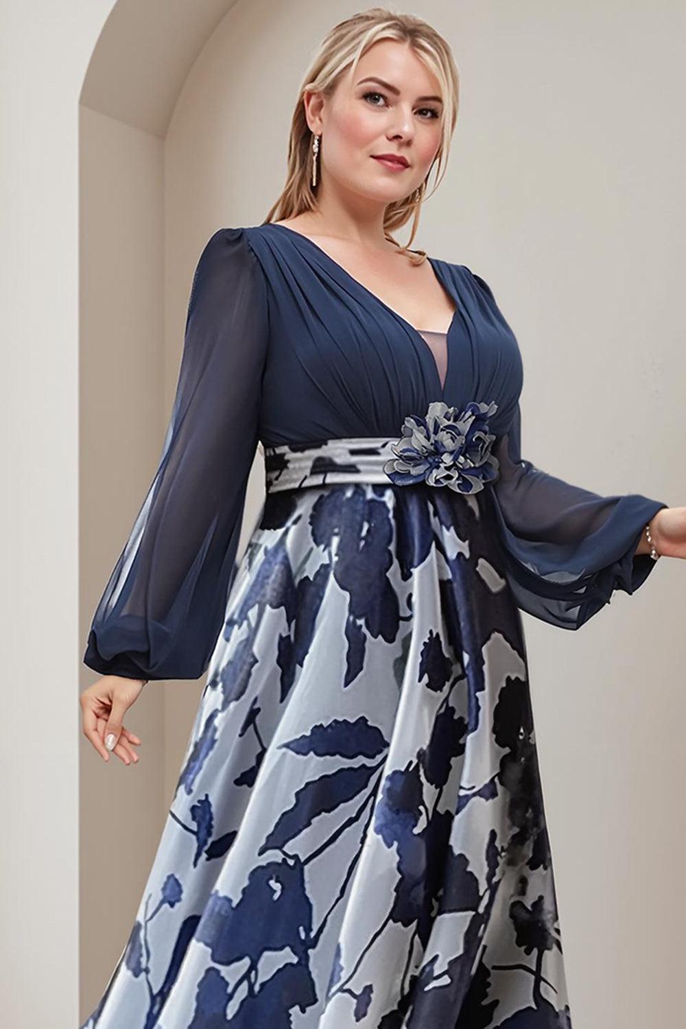 Dreamyannie Navy Flower Chiffon A Line Floor Length Plus Size Mother Of The Bride Dress With Sleeves