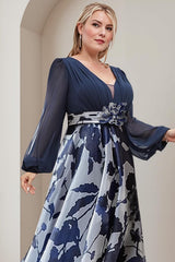 Dreamyannie Navy Flower Chiffon A Line Floor Length Plus Size Mother Of The Bride Dress With Sleeves