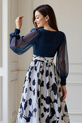 Dreamyannie Navy Flower Chiffon A Line Floor Length Plus Size Mother Of The Bride Dress With Sleeves