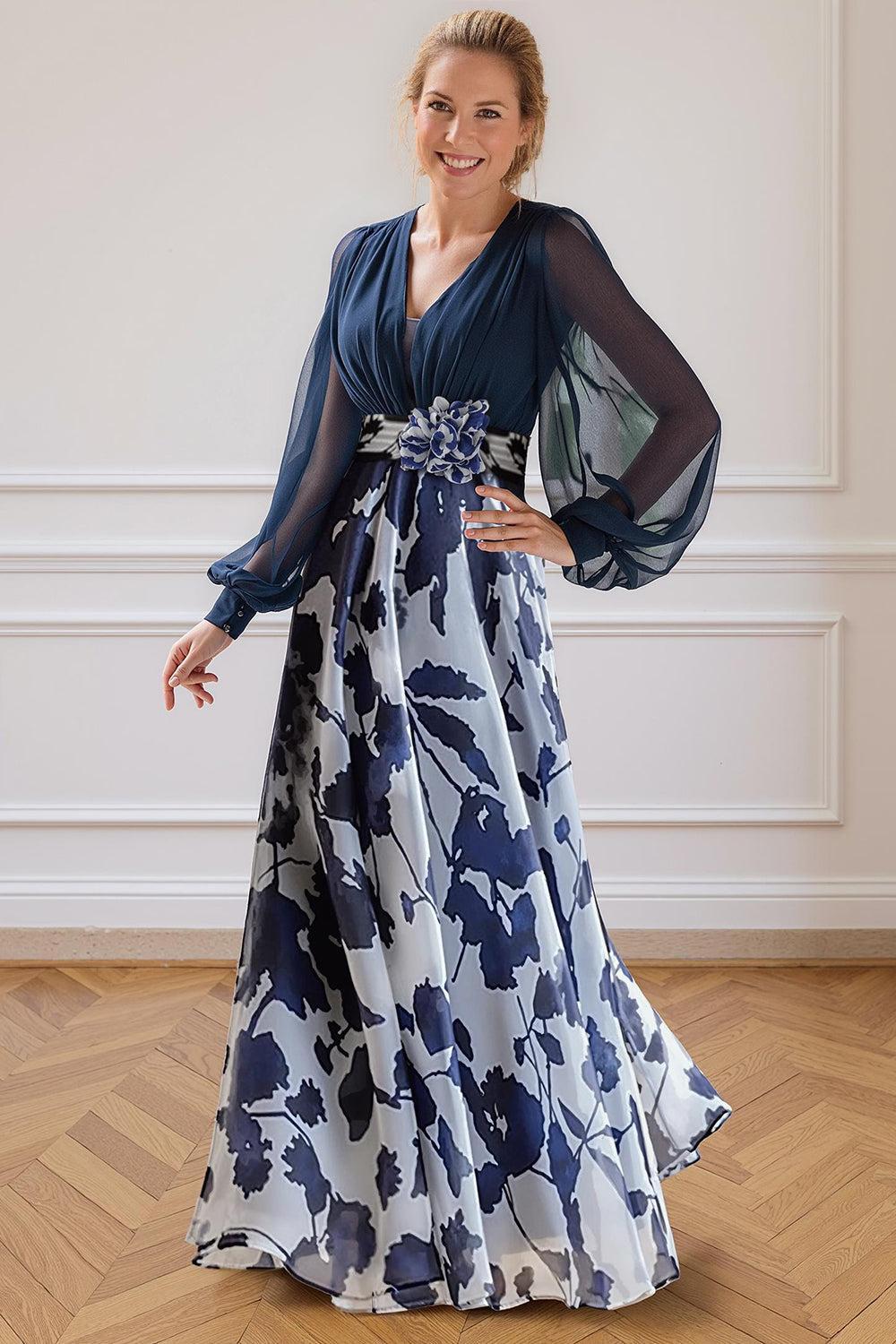 Dreamyannie Navy Flower Chiffon A Line Floor Length Plus Size Mother Of The Bride Dress With Sleeves