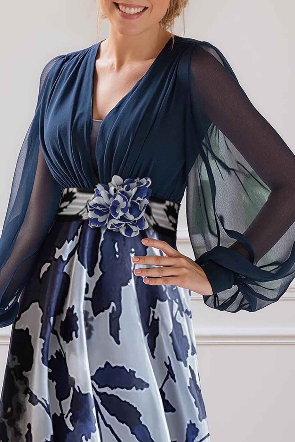 Dreamyannie Navy Flower Chiffon A Line Floor Length Plus Size Mother Of The Bride Dress With Sleeves
