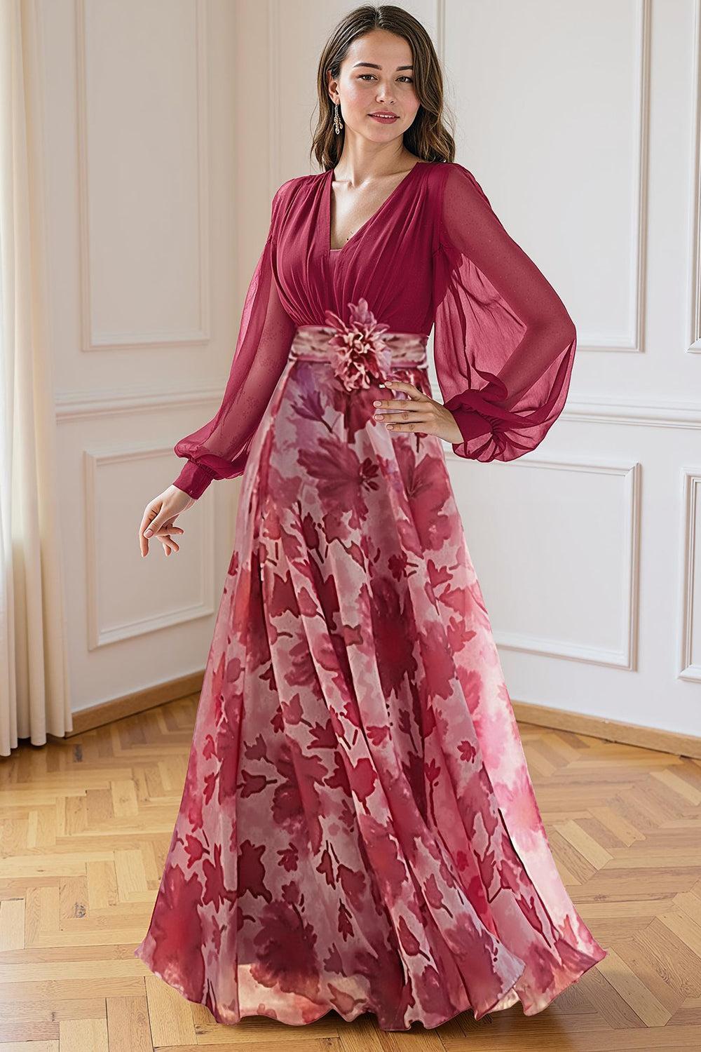 Dreamyannie Navy Flower Chiffon A Line Floor Length Plus Size Mother Of The Bride Dress With Sleeves