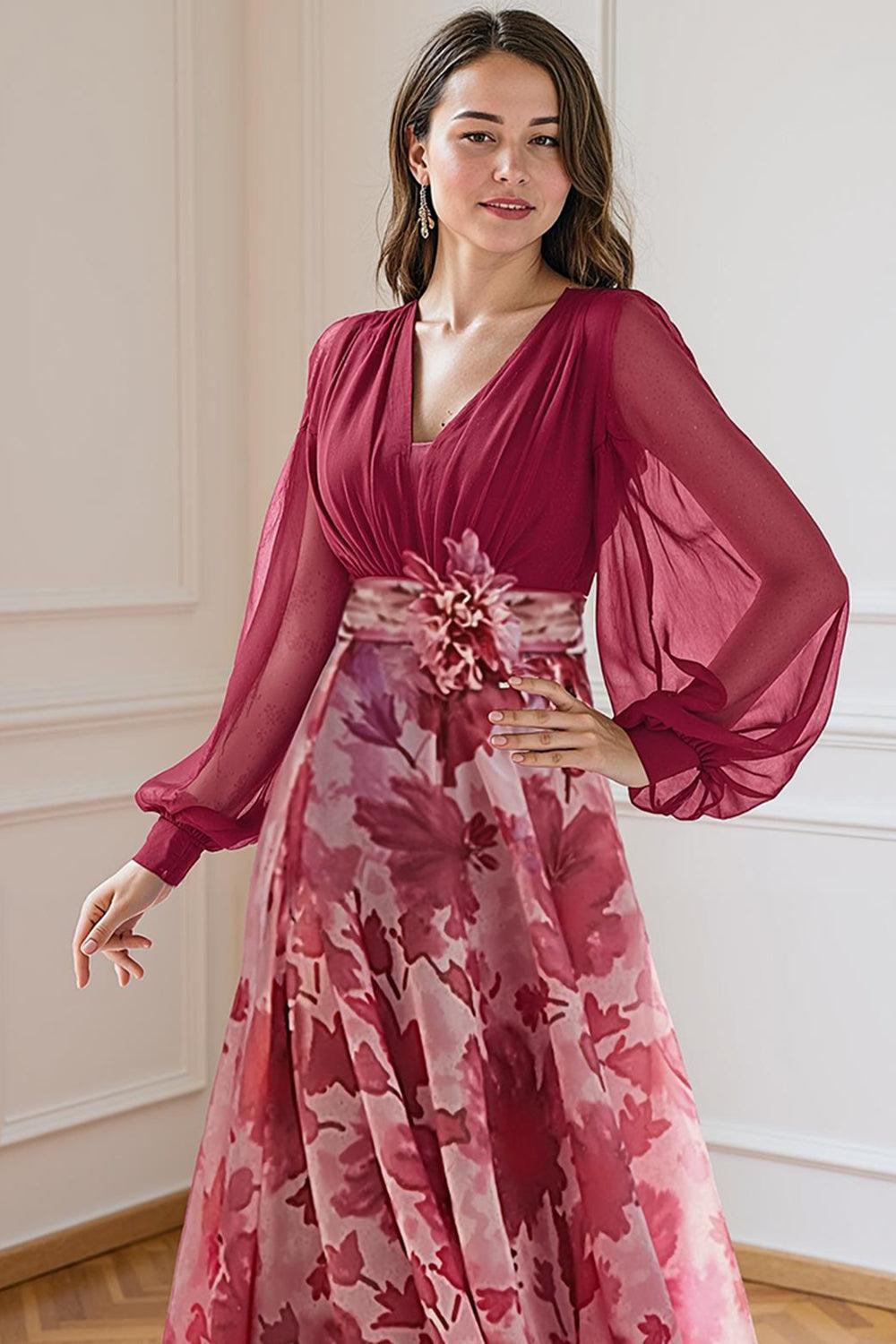 Dreamyannie Navy Flower Chiffon A Line Floor Length Plus Size Mother Of The Bride Dress With Sleeves