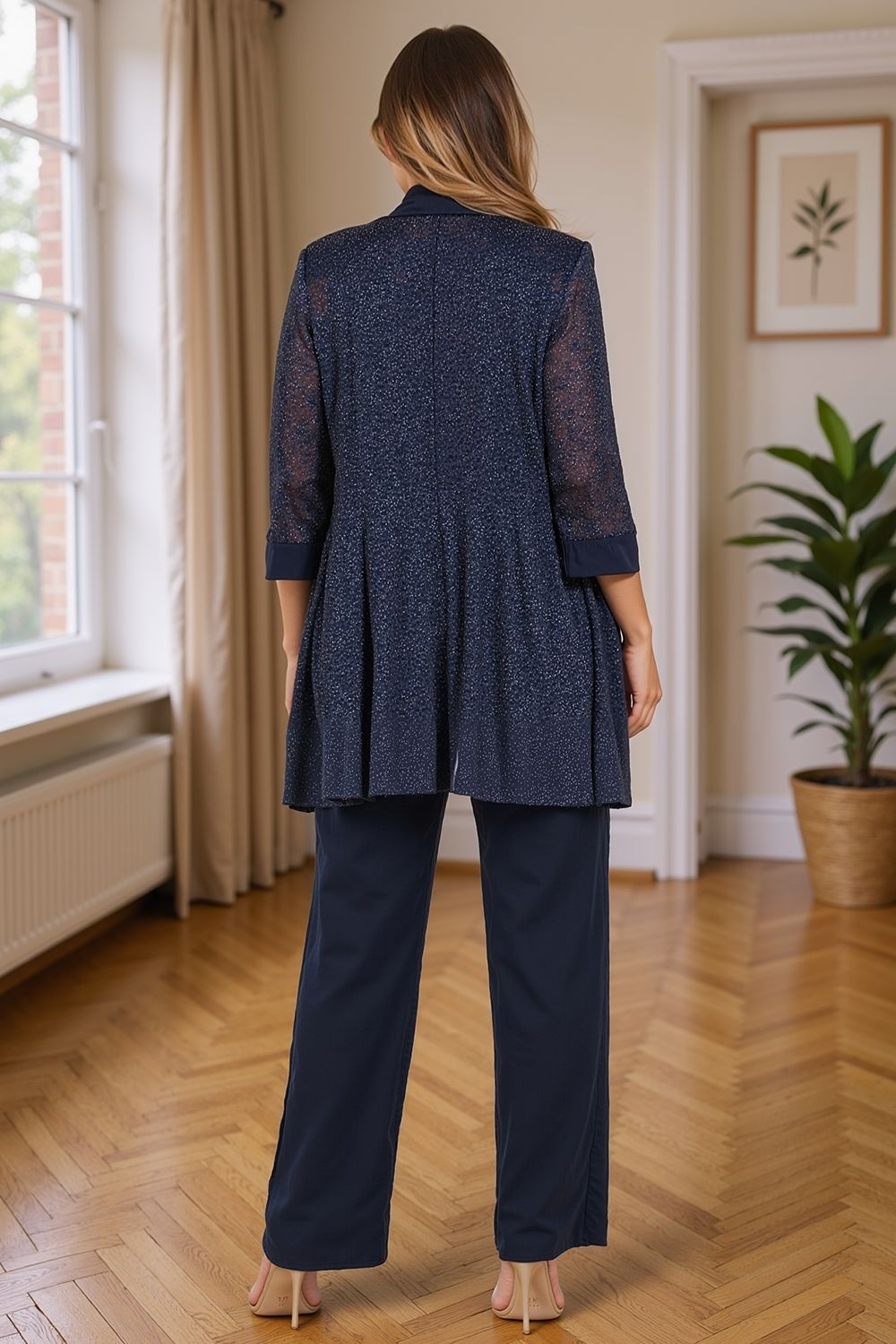 Dreamyannie Navy Glitter Sequin Scoop Neck 3 Piece Mother Of The Bride Pant Suits With Jacket