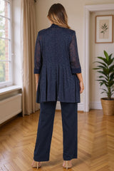 Dreamyannie Navy Glitter Sequin Scoop Neck 3 Piece Mother Of The Bride Pant Suits With Jacket