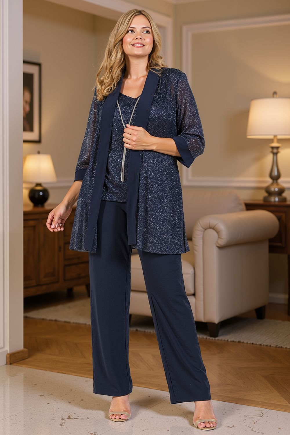 Dreamyannie Navy Glitter Sequin Scoop Neck 3 Piece Mother Of The Bride Pant Suits With Jacket