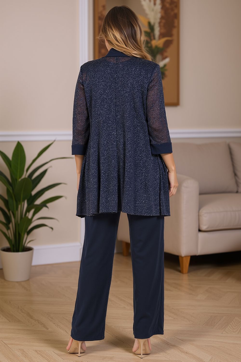 Dreamyannie Navy Glitter Sequin Scoop Neck 3 Piece Mother Of The Bride Pant Suits With Jacket