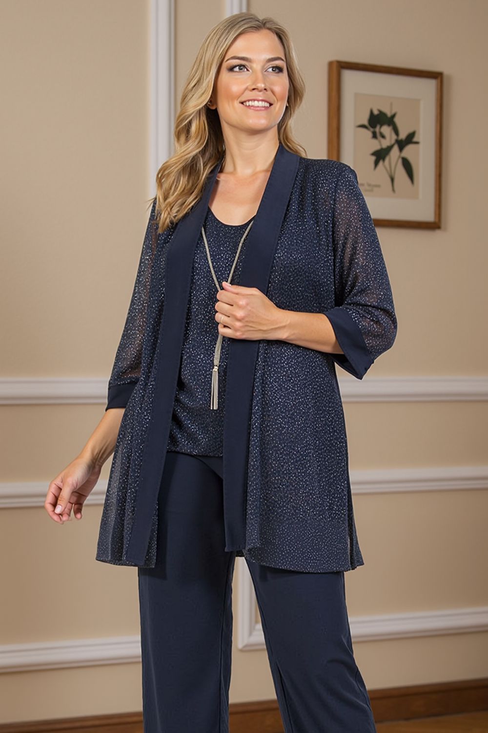 Dreamyannie Navy Glitter Sequin Scoop Neck 3 Piece Mother Of The Bride Pant Suits With Jacket