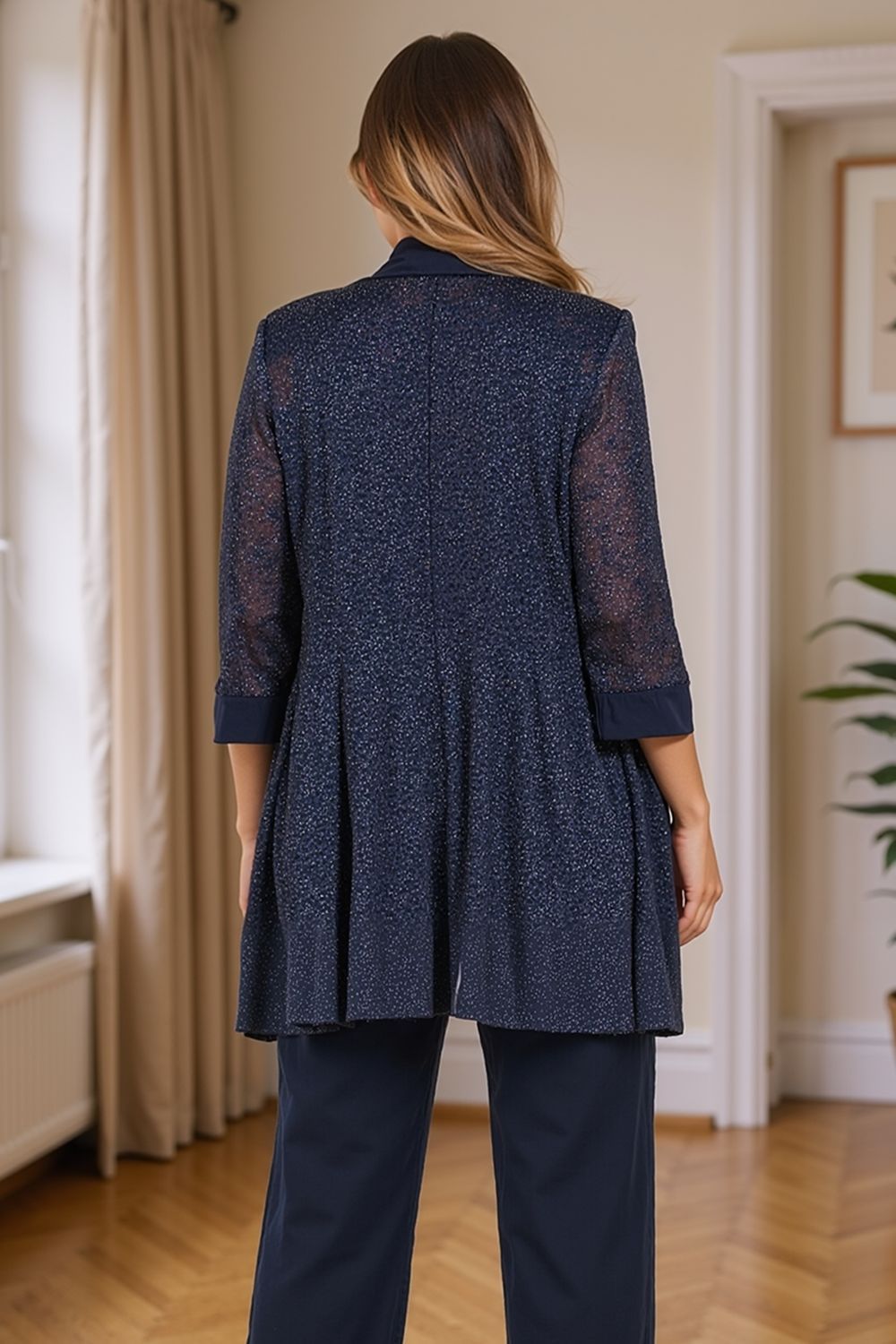 Dreamyannie Navy Glitter Sequin Scoop Neck 3 Piece Mother Of The Bride Pant Suits With Jacket
