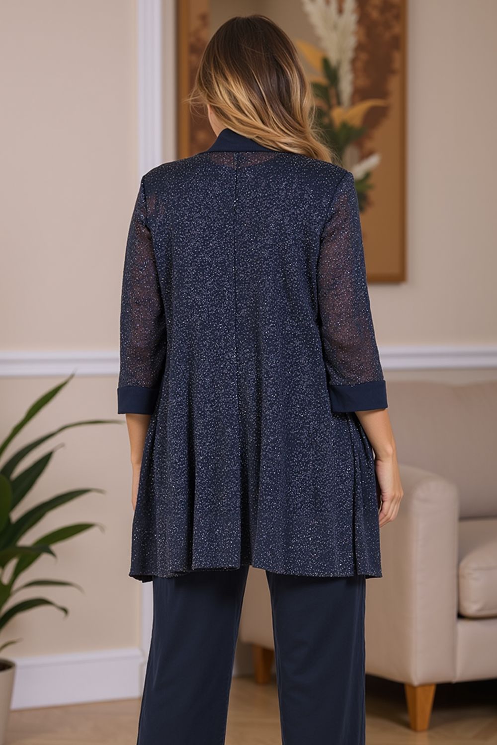 Dreamyannie Navy Glitter Sequin Scoop Neck 3 Piece Mother Of The Bride Pant Suits With Jacket