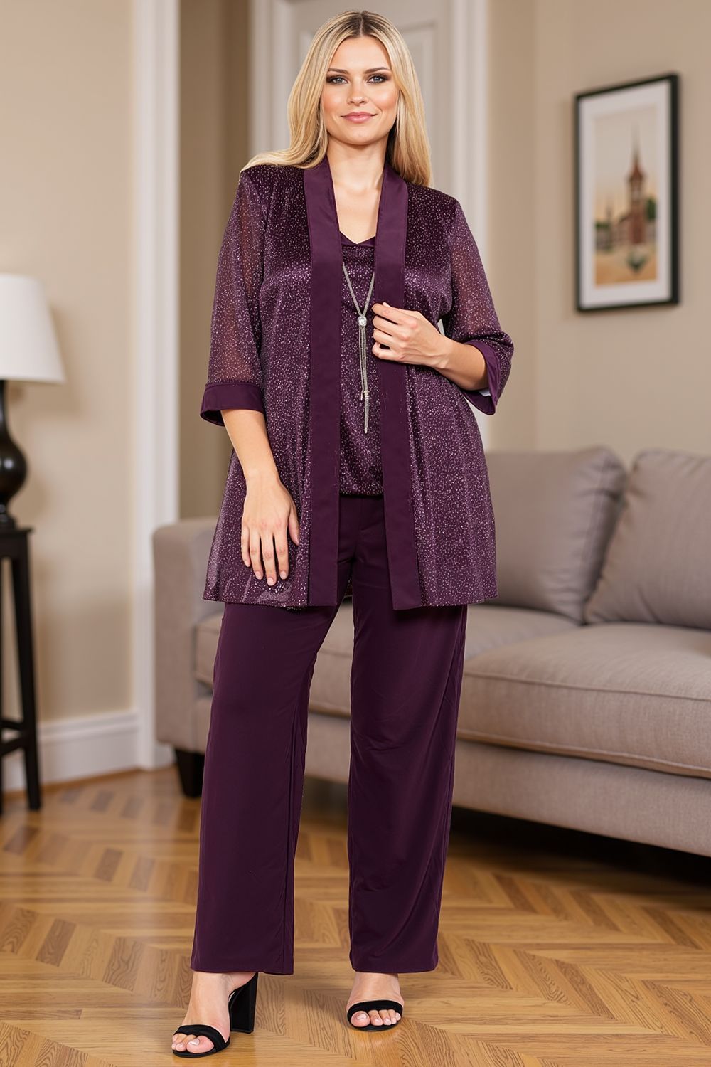 Dreamyannie Navy Glitter Sequin Scoop Neck 3 Piece Mother Of The Bride Pant Suits With Jacket