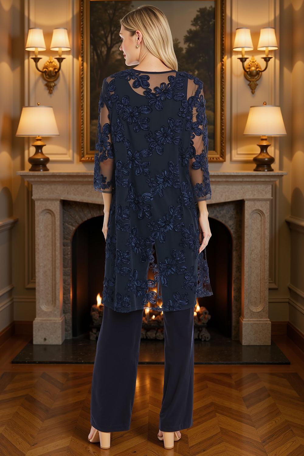 Dreamyannie Navy Lace Floral 3 Piece Plus Size Mother Of The Bride Pant Suits With Jacket