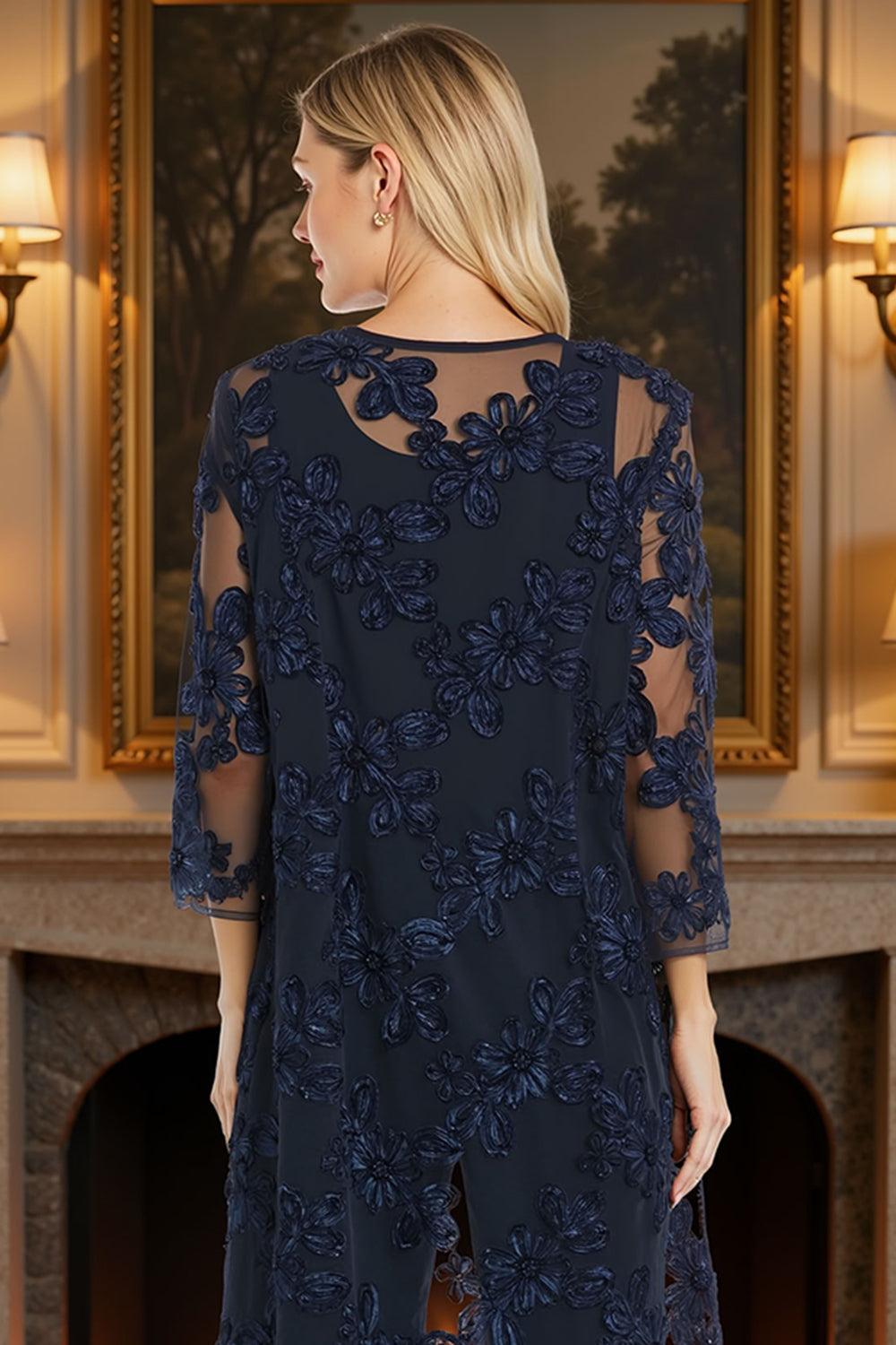 Dreamyannie Navy Lace Floral 3 Piece Plus Size Mother Of The Bride Pant Suits With Jacket