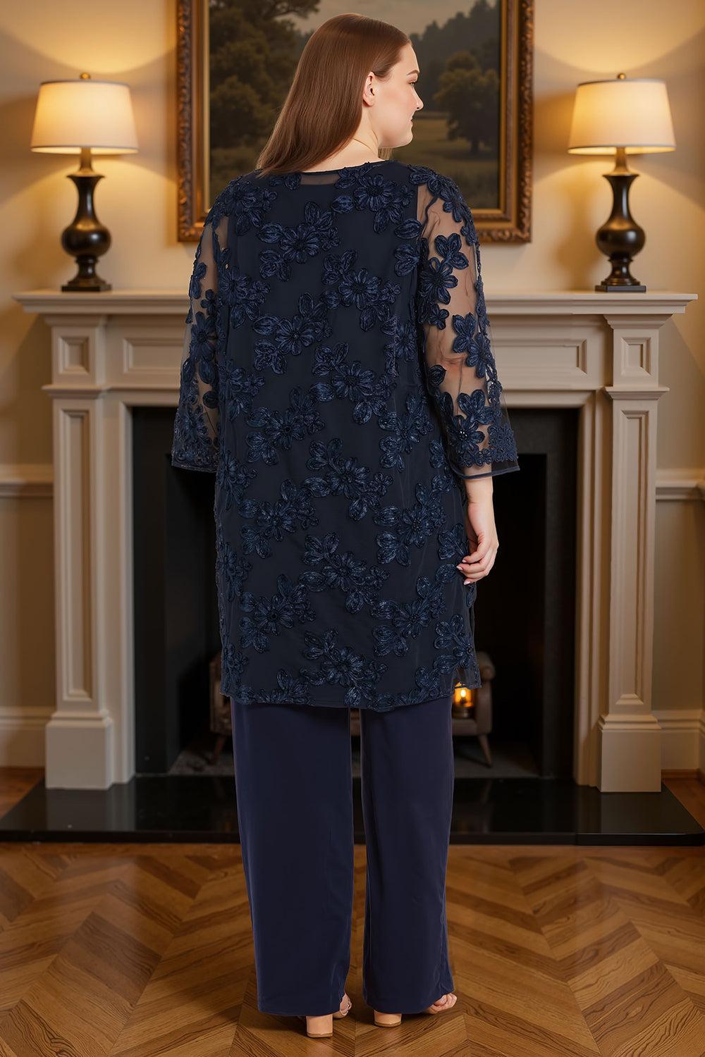 Dreamyannie Navy Lace Floral 3 Piece Plus Size Mother Of The Bride Pant Suits With Jacket