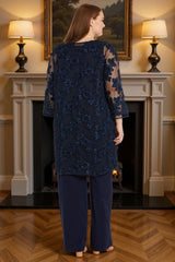 Dreamyannie Navy Lace Floral 3 Piece Plus Size Mother Of The Bride Pant Suits With Jacket