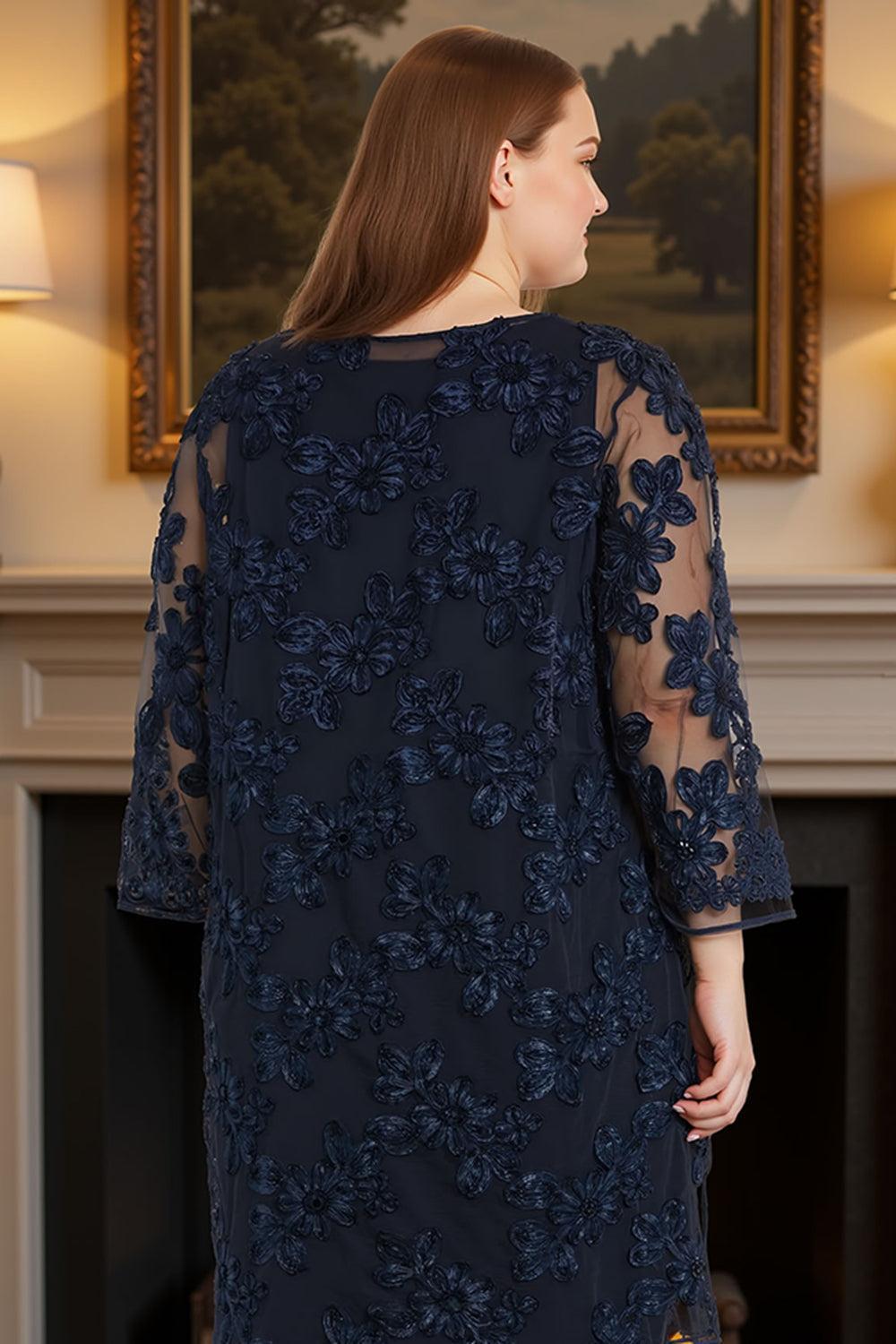 Dreamyannie Navy Lace Floral 3 Piece Plus Size Mother Of The Bride Pant Suits With Jacket