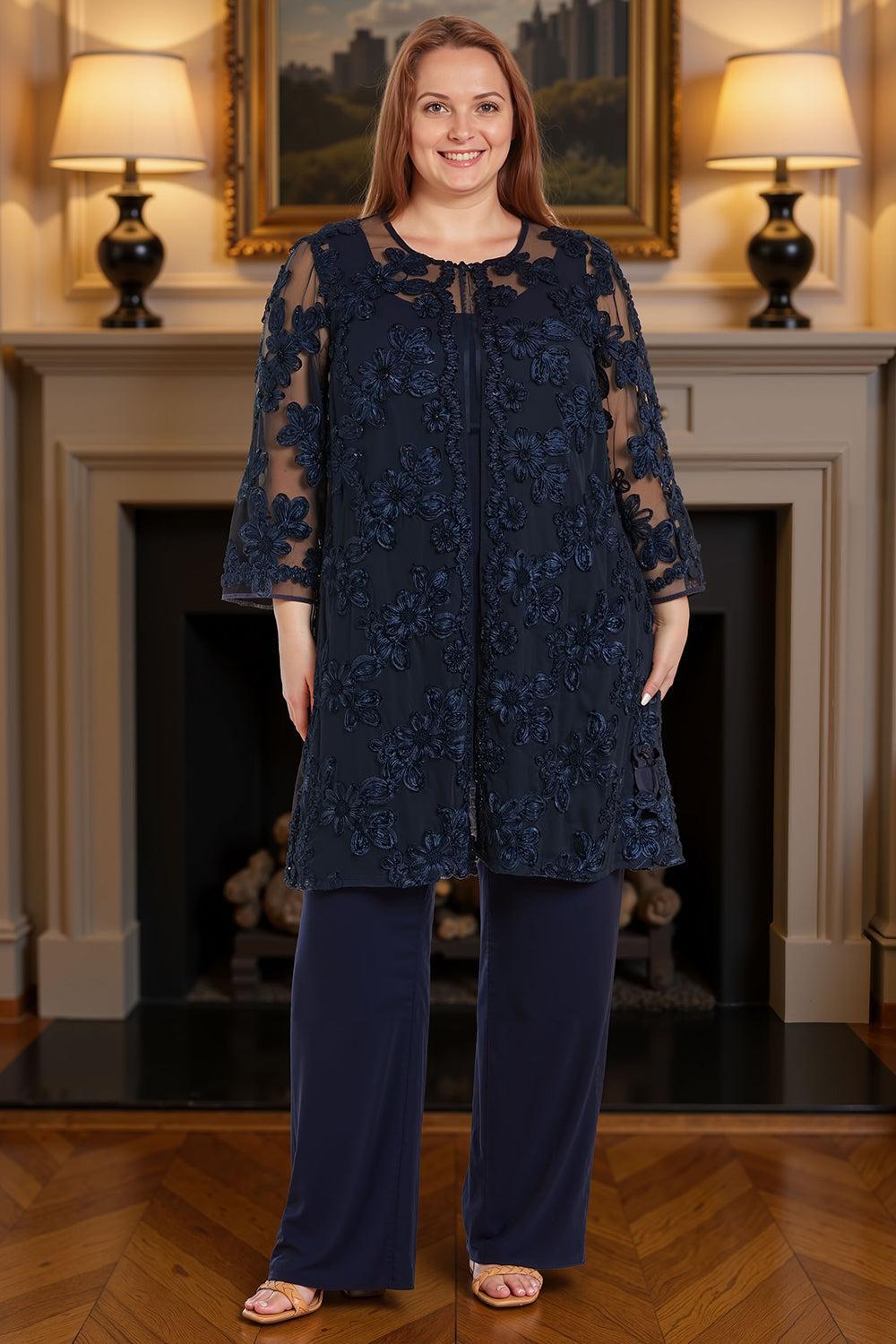 Dreamyannie Navy Lace Floral 3 Piece Plus Size Mother Of The Bride Pant Suits With Jacket