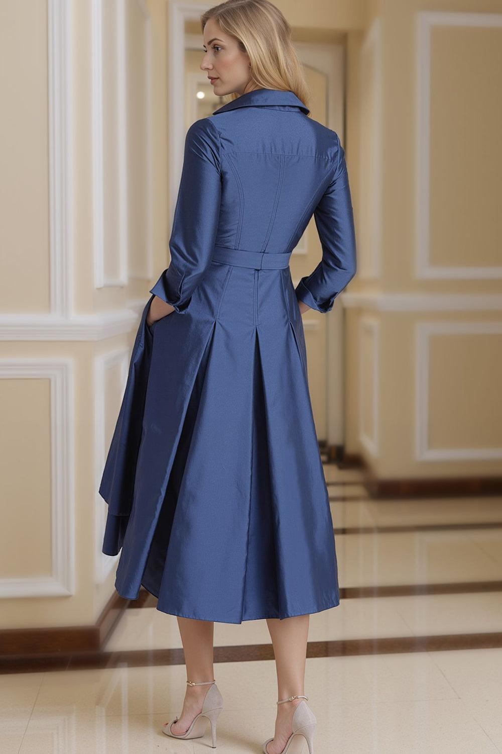 Dreamyannie Navy Lapel Neck A Line Tea Length Mother Of The Bride Dress With Pockets